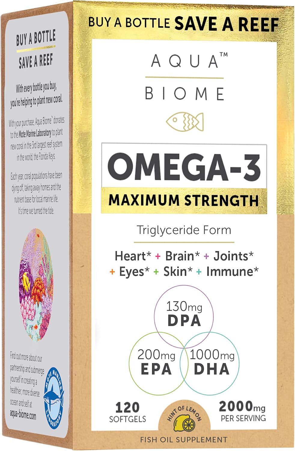 Aqua Biome by Enzymedica Omega 3 Fish Oil Maximum Strength - 120 Softgels - Fish Oil Omega 3 Fatty Acid Supplement for Women & Men, Source of DPA, EPA, & DHA, Heart & Brain Health Support, Gluten Free
