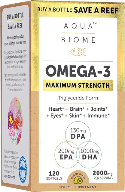 Aqua Biome by Enzymedica Omega 3 Fish Oil Maximum Strength - 120 Softgels - Fish Oil Omega 3 Fatty Acid Supplement for Women & Men, Source of DPA, EPA, & DHA, Heart & Brain Health Support, Gluten Free