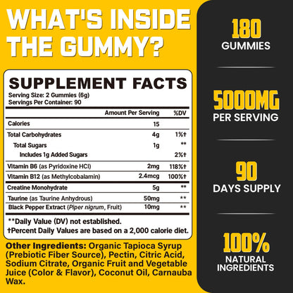 (180 Count) Creatine Monohydrate Gummies for Men & Women - Creatine Pre Workout Gummies for Muscle Builder, Muscle Strength, Recovery, Endurance, Energy