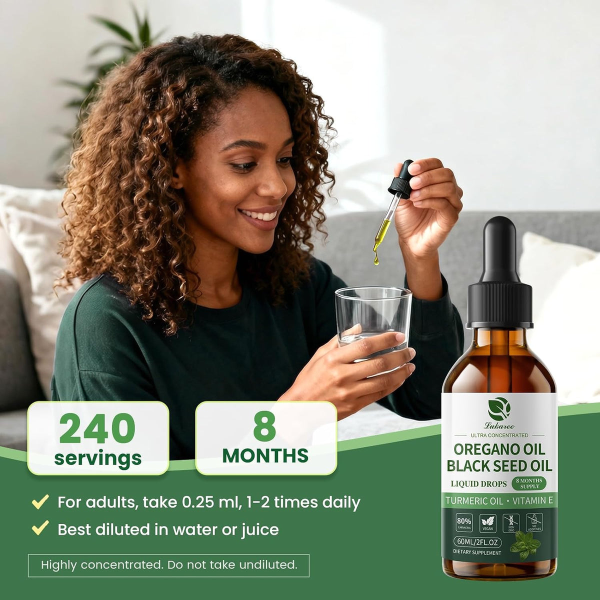 Oil of Oregano Drops with Black Seed Oil, 80% Carvacrol, 8 Month Supply - Immune, Digestive, Detox & Natural Cleanse for Humans*, Undiluted Oregano Oil with Turmeric Oil, Vitamin E & Olive Oil Based