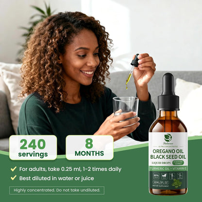 Oil of Oregano Drops with Black Seed Oil, 80% Carvacrol, 8 Month Supply - Immune, Digestive, Detox & Natural Cleanse for Humans*, Undiluted Oregano Oil with Turmeric Oil, Vitamin E & Olive Oil Based