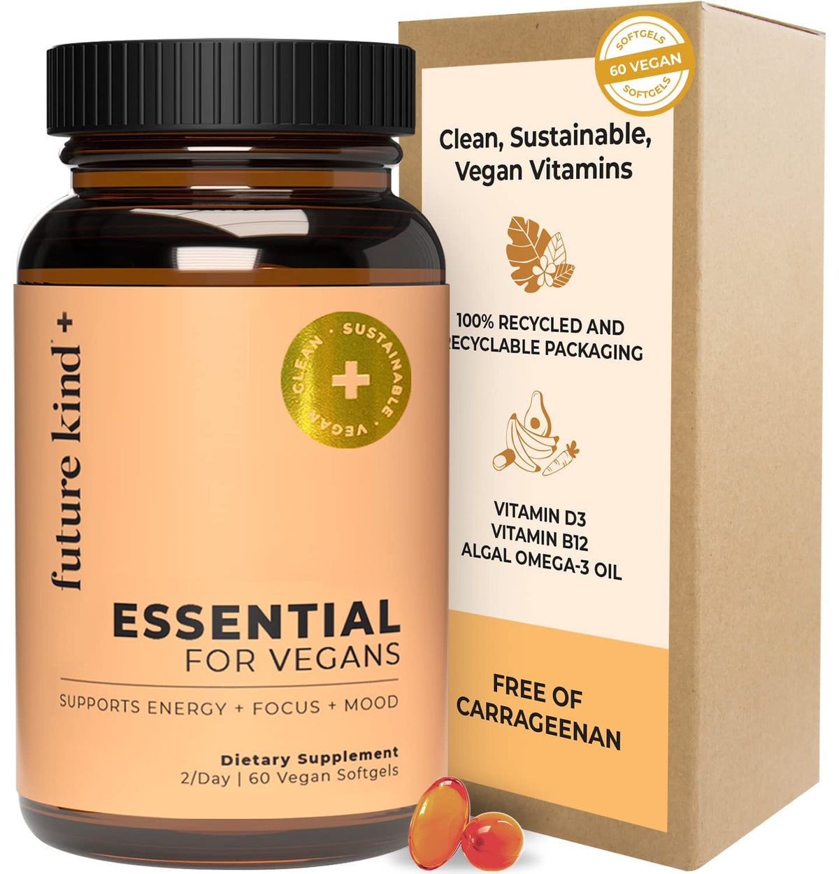 Future Kind 3 in 1 Daily Multivitamin - for Energy, Clarity, Active Wellness Support with B12, D3, and Algal Omega-3 - Essential Vegan Multivitamin for Women & Men - Tiny Citrus Softgels (60 Count)