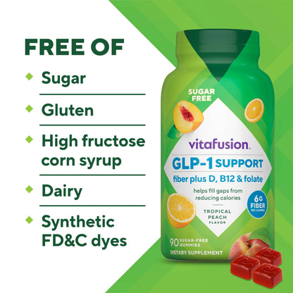 Vitafusion GLP1 Gummy Supplement | 90 Sugar Free Gummies | Vitamin & Mineral Blend with Fiber, D3, B12, and Folate | for Women & Men | Tropical Peach Flavor | Gluten Free Formula