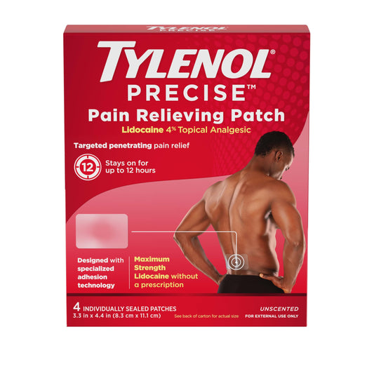 Tylenol Precise Pain Relieving Patches, Large Topical Analgesic Patches + Maximum OTC Strength Lidocaine Penetrates, Targeted Relief Ideal for Shoulder, Back & Knee Pain, Unscented, 4 ct