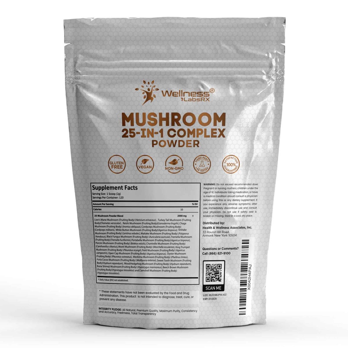 WELLNESS LABSRX Mushroom Powder, 25 in 1 Mushrooms Supplement - 2000mg, 25 Superfood Mishroom Lions Mane Powder with Chaga, Shiitake, Cordyceps, Reishi - Lion's Mane Mushroom - 120 Servings