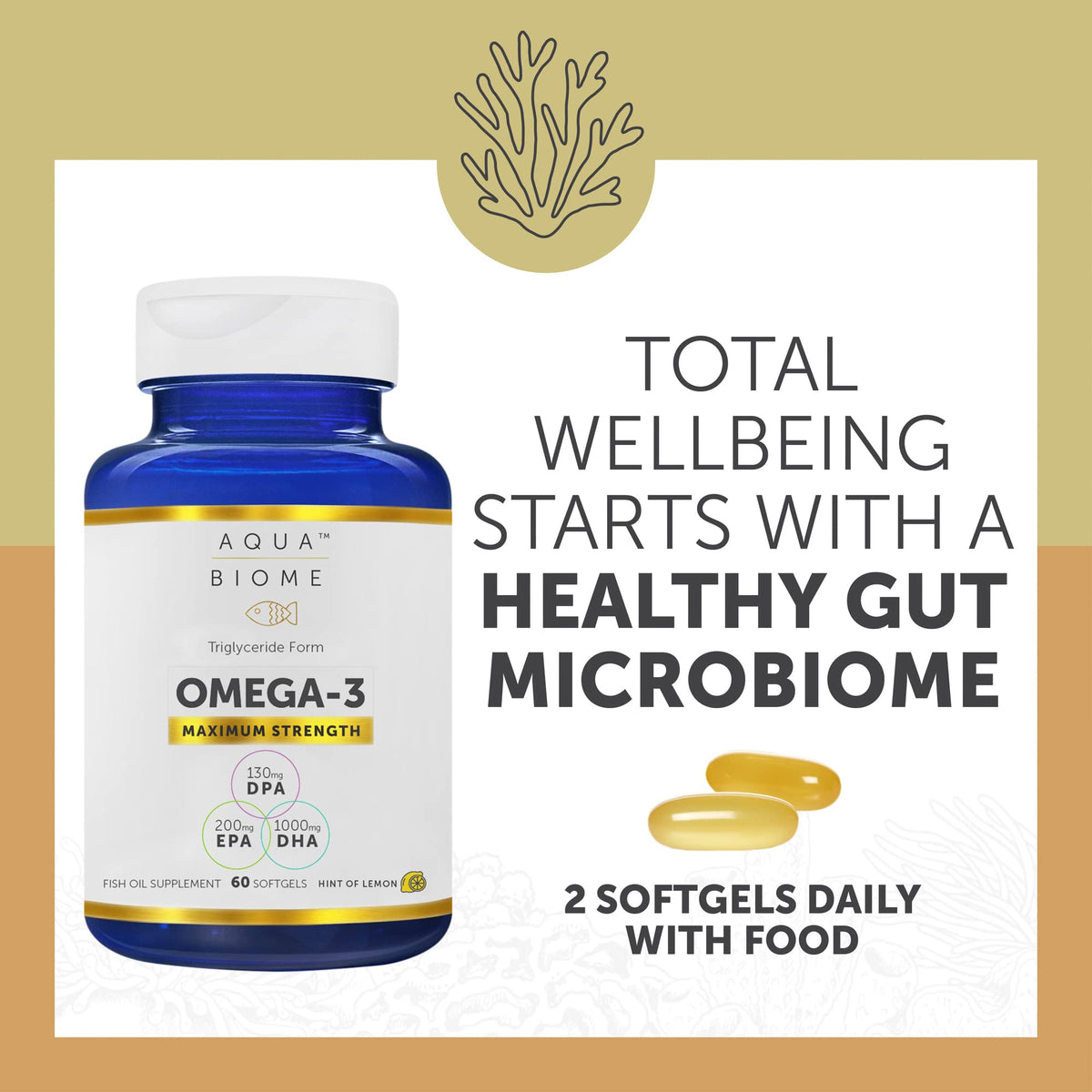 Aqua Biome by Enzymedica Omega 3 Fish Oil Maximum Strength - 120 Softgels - Fish Oil Omega 3 Fatty Acid Supplement for Women & Men, Source of DPA, EPA, & DHA, Heart & Brain Health Support, Gluten Free