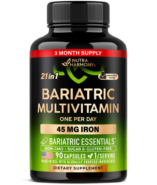 Bariatric Multivitamin - 45 mg Iron Supplements - Lab Tested - for Women & Men - All-in-One, 21 Essential Vitamins - Gastric Sleeve Support - Free of Sugar, Gluten & Soy - 90 Capsules, Once Daily