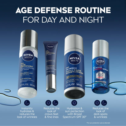 NIVEA MEN Age Defense Eye Cream (0.5 Fl Oz) - 24H Hydrating Under Eye Cream with Hyaluronic Acid for Wrinkles & Dark Circles