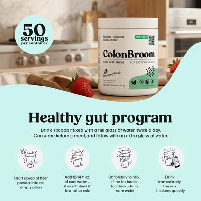 ColonBroom Psyllium Husk Powder (Strawberry, 50 Servings) - Colon Cleanse for Bloating Relief & Gut Health - Colon Broom Fiber Powder Drink - Vegan, Gluten Free, Non-GMO Fiber Powder Supplement