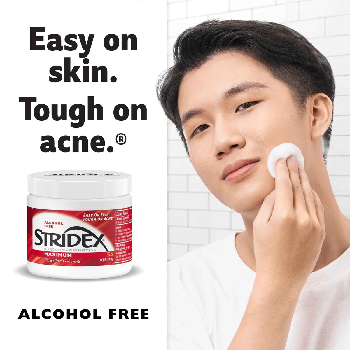 Stridex Medicated Acne Pads, Maximum, 55 Count - Facial Cleansing Wipes, Alcohol Free