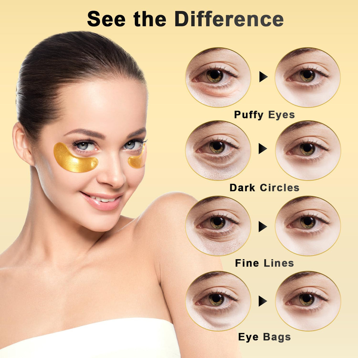 Tibobo 24K Gold Under Eye Patches - Collagen Enriched (25 Pairs)