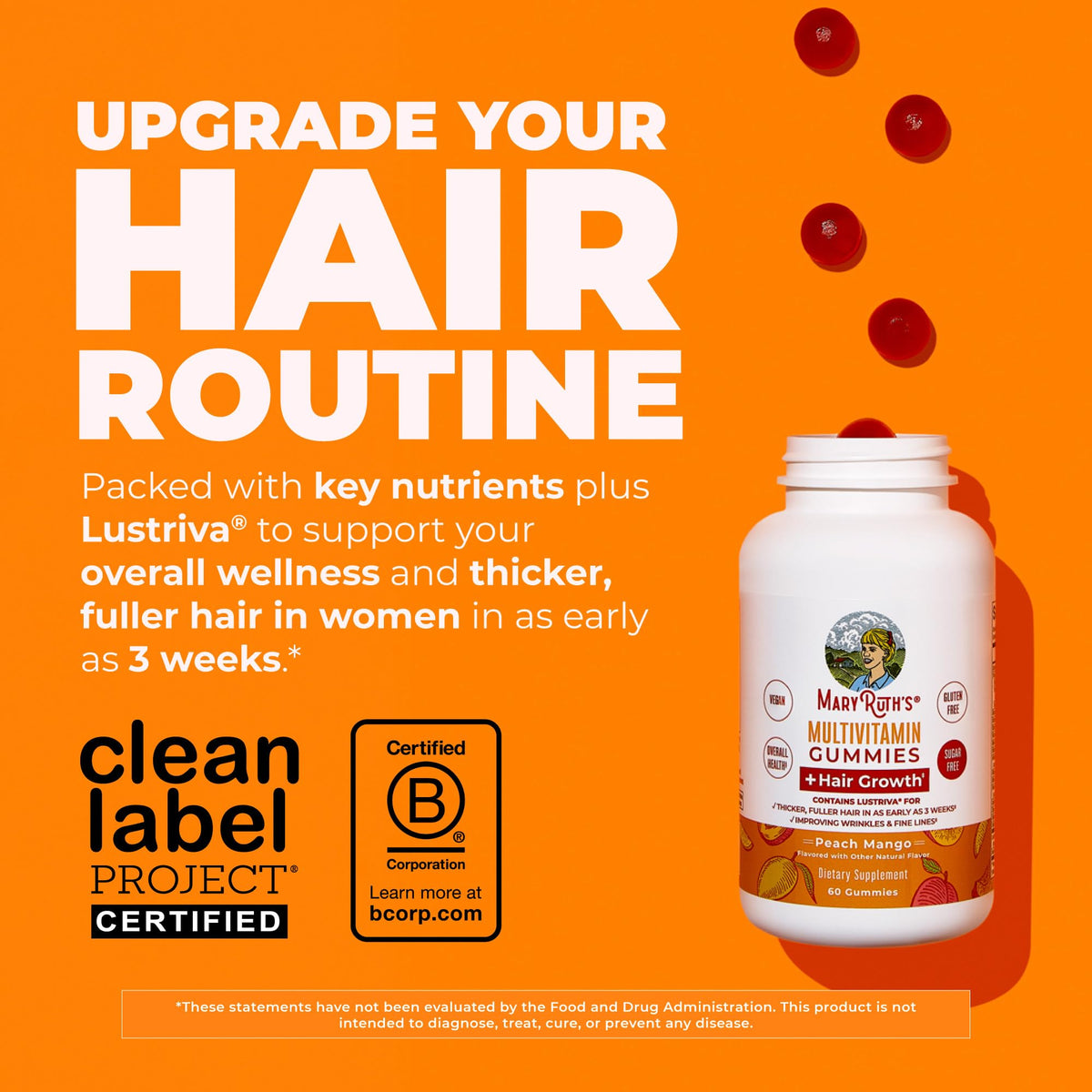 MaryRuth's Multivitamin + Hair Growth Gummies - with Lustriva - Biotin 10000mcg - B Vitamins - Formulated for Thicker Hair, Wrinkles, Fine Lines, Skin Care - Ages 18+ - 30 Servings