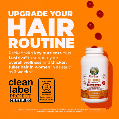 MaryRuth's Multivitamin + Hair Growth Gummies - with Lustriva - Biotin 10000mcg - B Vitamins - Formulated for Thicker Hair, Wrinkles, Fine Lines, Skin Care - Ages 18+ - 30 Servings