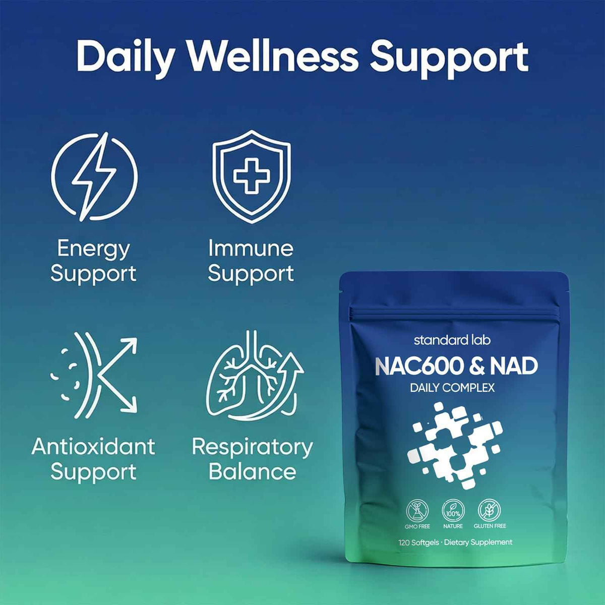 AMOQUCT Standard Lab NAC 600mg & NAD+ Daily Complex Capsules, NAC Supplement with NAD for Antioxidant, Cellular Energy and Immune Support, Daily Wellness Formula