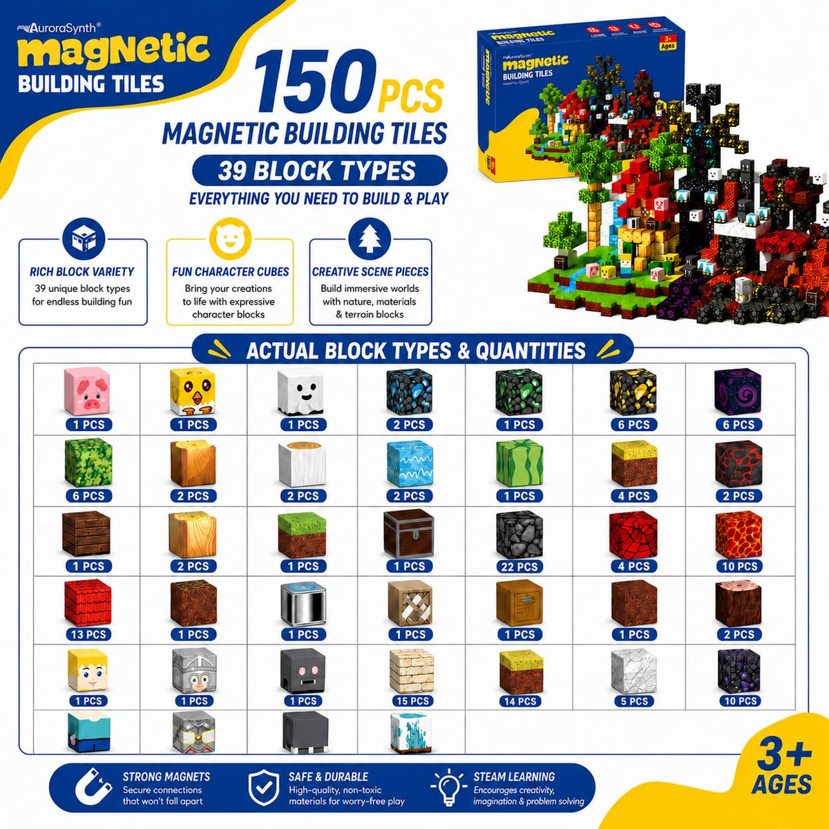 Magnetic Building Blocks 150PCS, 0.8in Stacking Cubes STEM Toy Kids Ages 3+