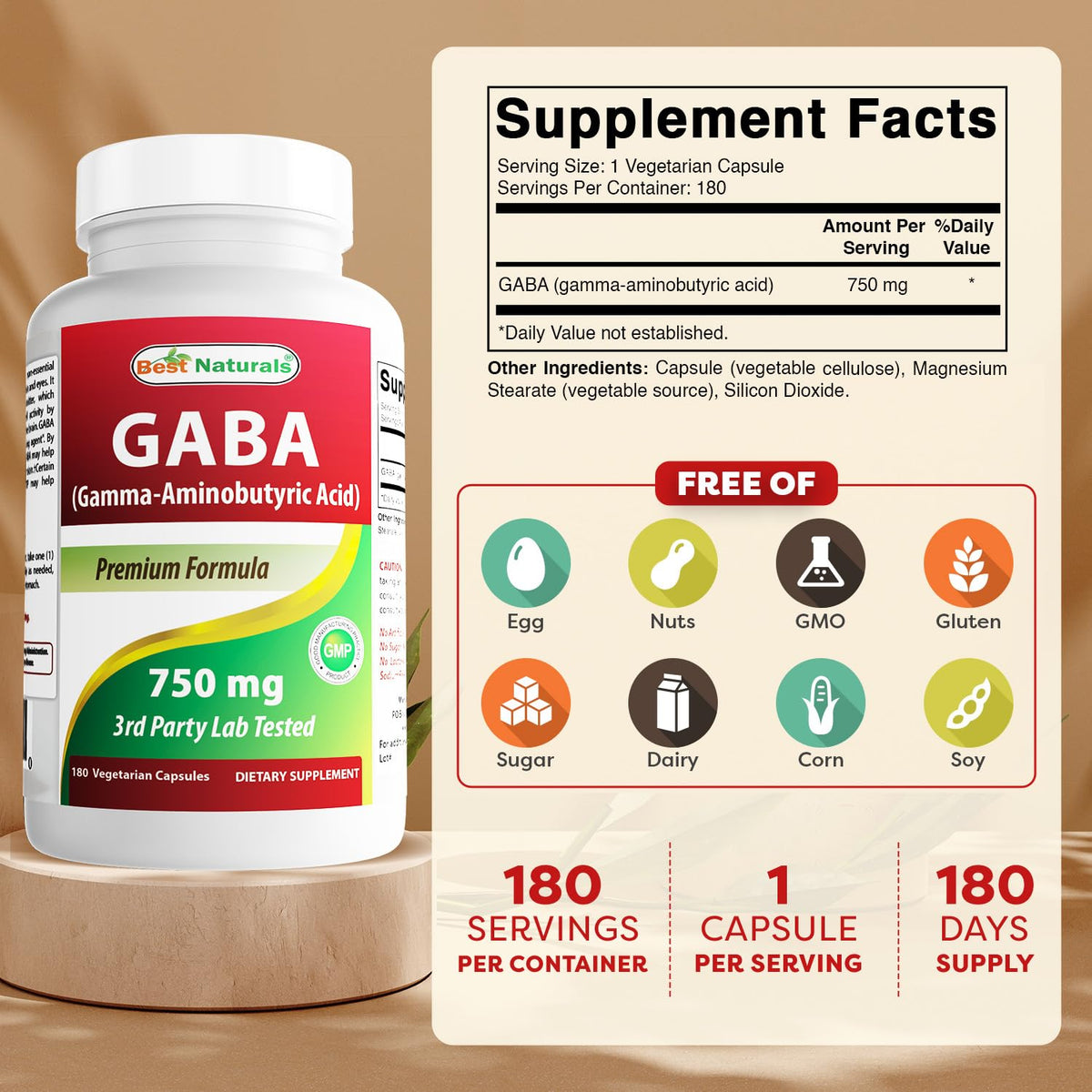 Best Naturals GABA Supplement 750mg 180 Veggie Capsules, Naturals Sleep Aid