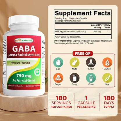Best Naturals GABA Supplement 750mg 180 Veggie Capsules, Naturals Sleep Aid