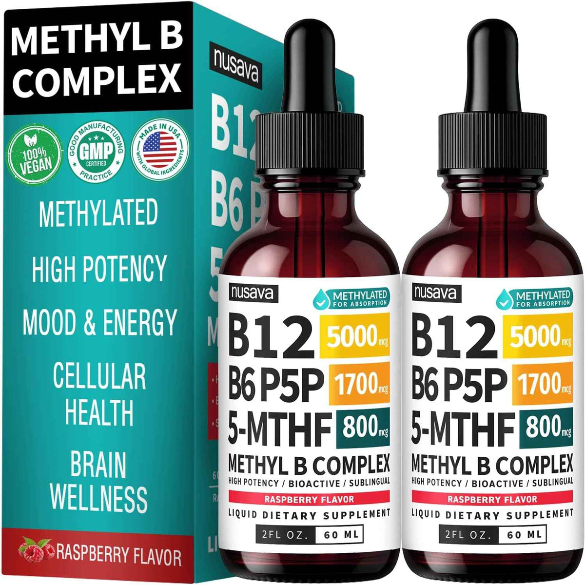 (2-Pack) Methylated B Complex Liquid Drops - Vitamin B Complex with Active L Methylfolate - B12 Sublingual Drops - Vegan B12 Vitamin 5000mcg, Non-GMO, Raspberry Flavor, No Sugar, 2 Fl oz, 80 Servings
