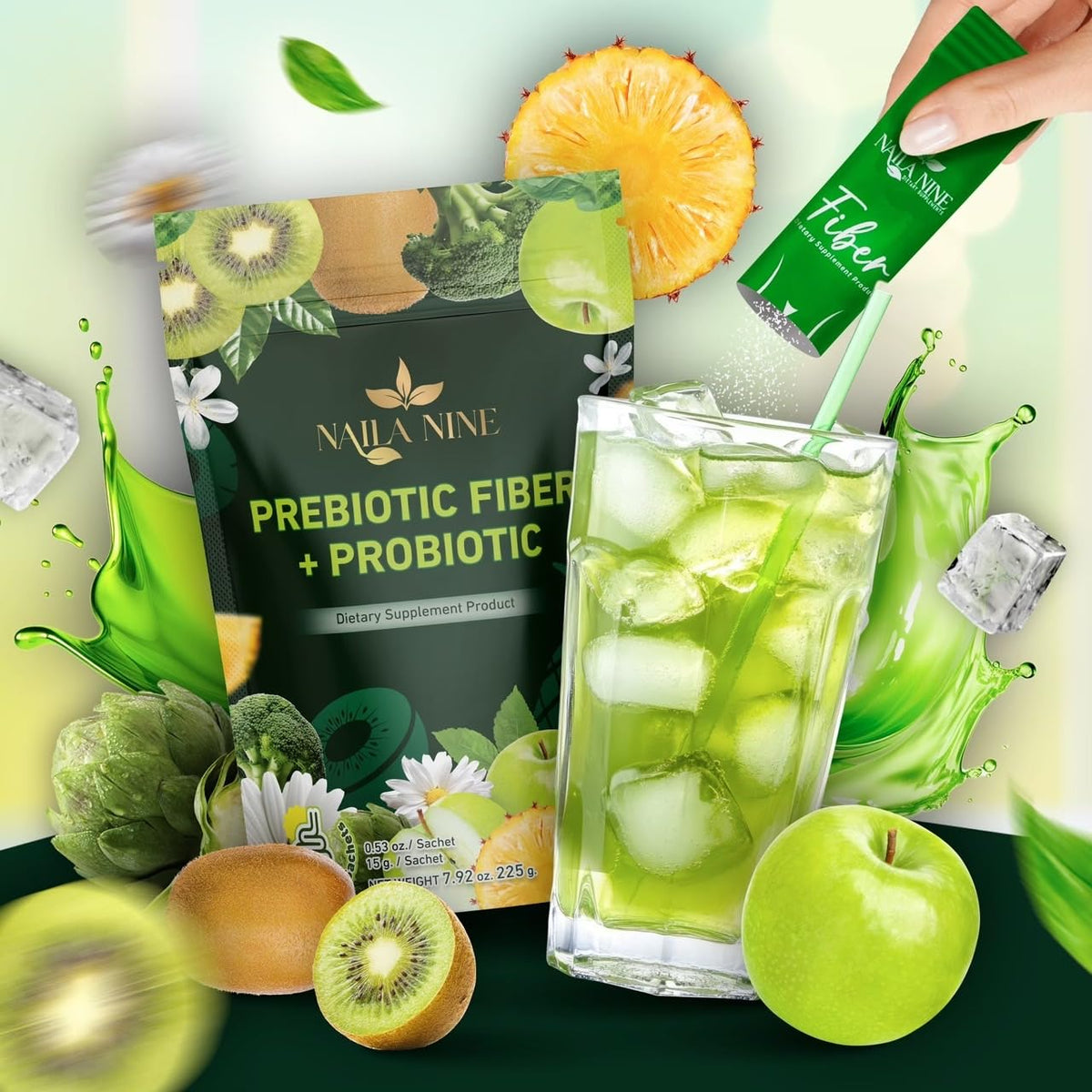 NAILA NINE Prebiotic Fiber Supplement Powder Apple and Kiwi Flavour Pack of 15 Sachets