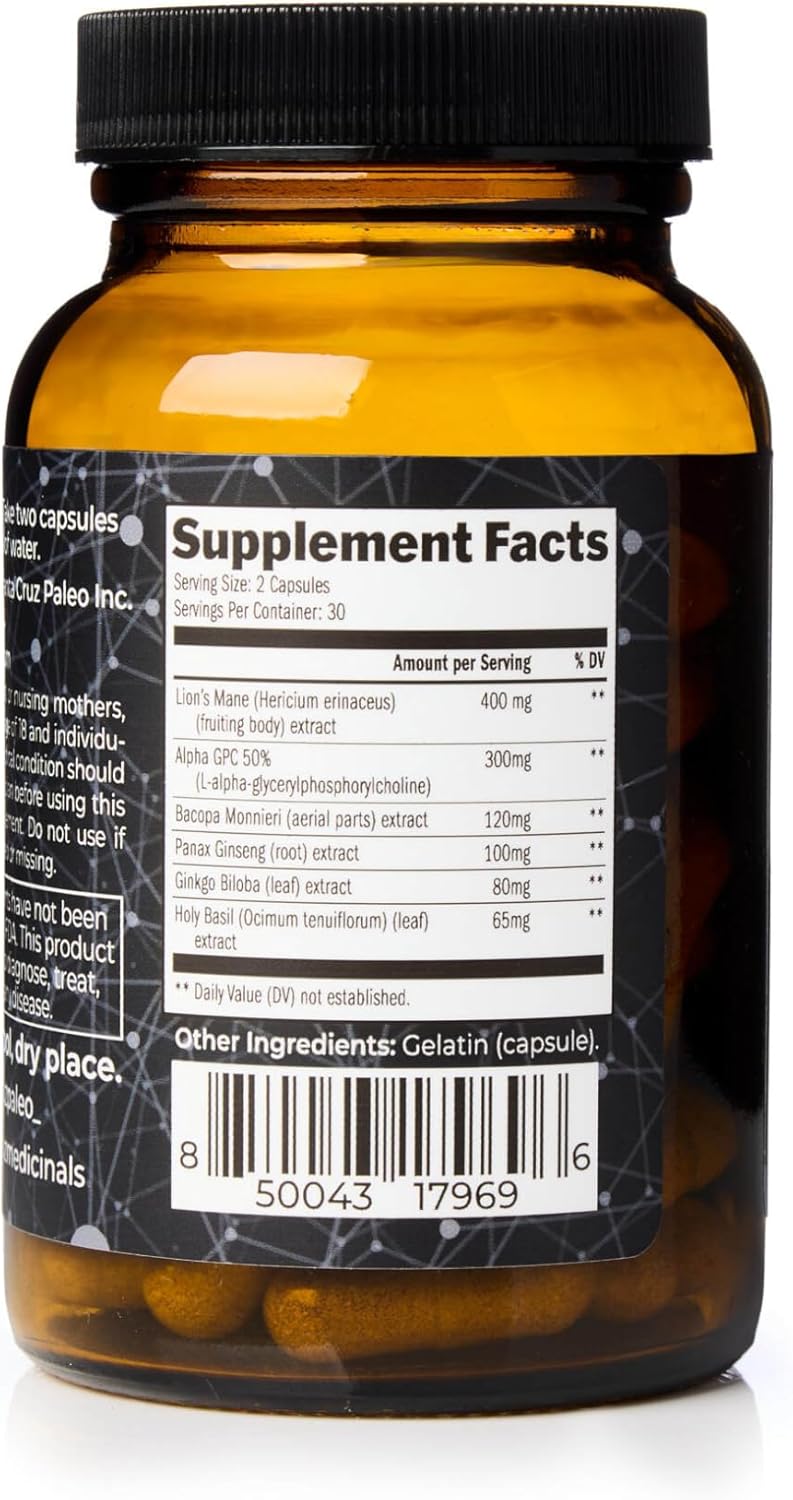 Santa Cruz Paleo Nootropic Capsules - Lions Mane, Alpha GPC, Panax Ginseng & Ginkgo Biloba for Focus, Memory, Mental Clarity & Energy - Keto, Paleo, Gluten Free Brain Supplement, 60 Caps