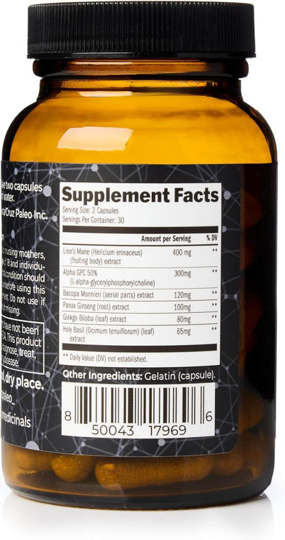 Santa Cruz Paleo Nootropic Capsules - Lions Mane, Alpha GPC, Panax Ginseng & Ginkgo Biloba for Focus, Memory, Mental Clarity & Energy - Keto, Paleo, Gluten Free Brain Supplement, 60 Caps