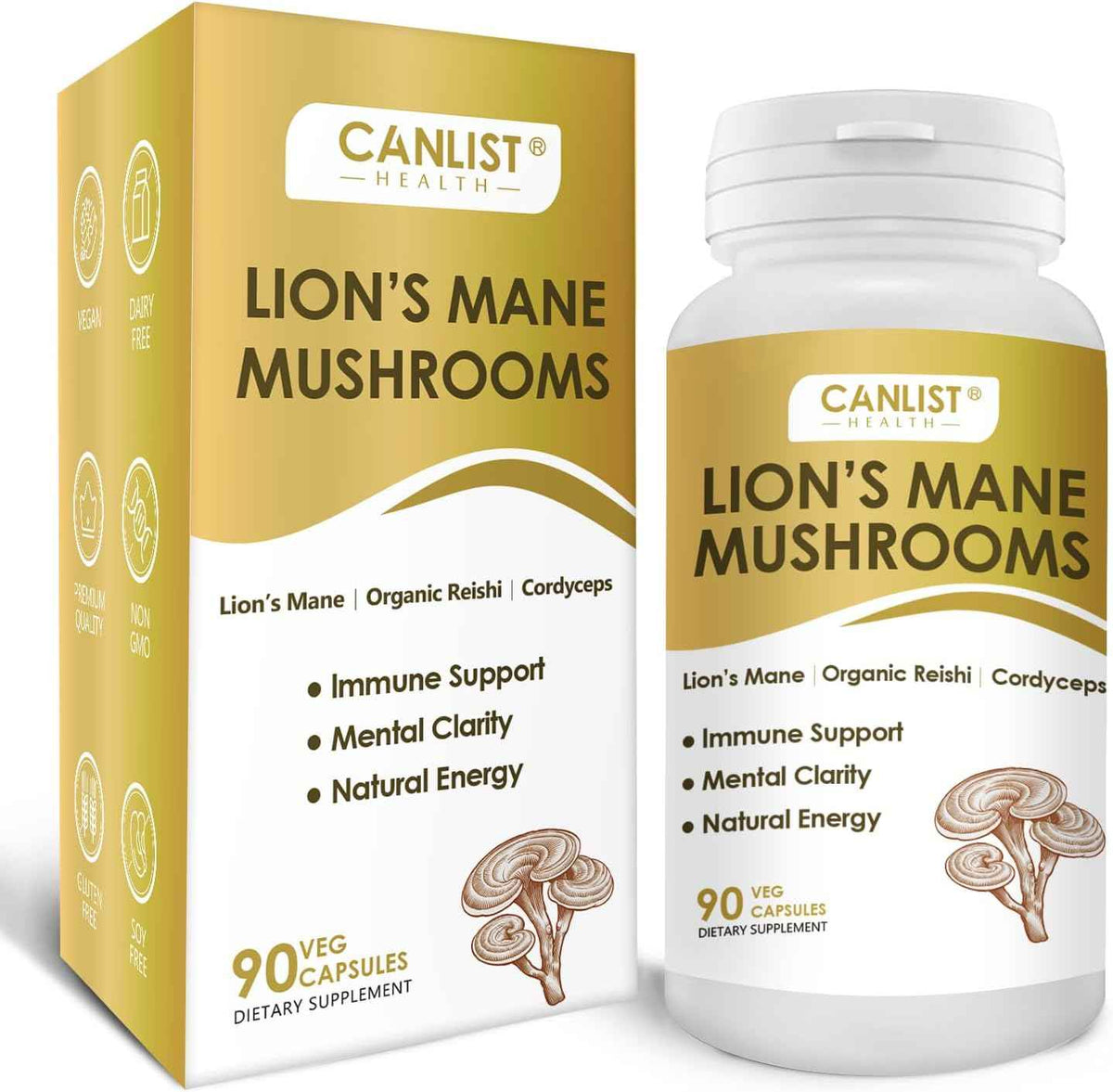 CANLIST Organic Mushroom Complex Capsules with Lion's Mane, Cordyceps, Reishi, Help for Cognitive Focus, Immune Support & Brain Health, Vegan, Non-GMO, 90 Capsules
