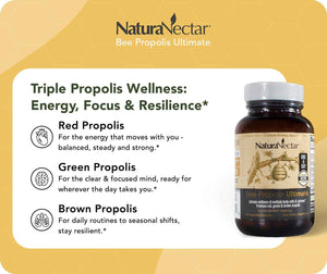 NaturaNectar - Ultimate Bee Propolis Capsules - NSF Contents Certified -Brazilian Red, Brown, & Green - Gluten-Free Supplement with Flavonoids - Naturally Sourced Through Ethical Beekeeping (60pcs.)
