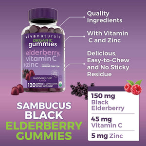 Viva Naturals Sambucus Elderberry Gummies for Adults - 150mg Black Elderberry Vitamin C and Zinc, 3-in-1 Daily Immune Support Gummies, Raspberry Rush Flavor