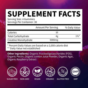 Creatine Monohydrate Gummies 5000mg for Men & Women, Organic Pure Creatine Gummies - Sugar Free,Vegan, Non-GMO,Raspberry Flavor, 120 Count