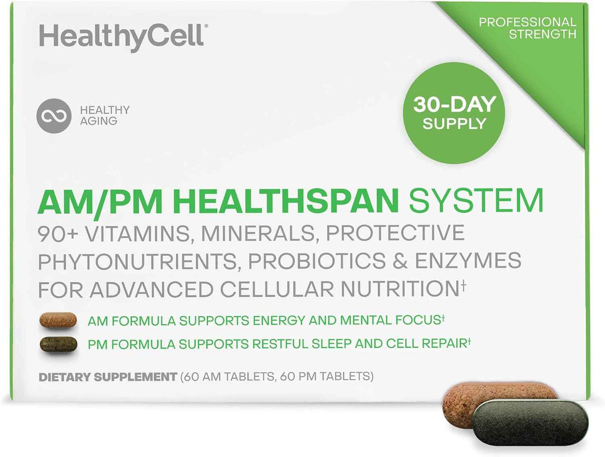 HealhtyCell AM/PM Healthspan System - 60 AM Tablets & 60 PM Tablets - 90+ Vitamins, Minerals, Protective Phytonutrients, Probiotics & Enzymes for Advanced Cellular Nutrition