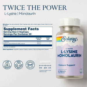 SOLARAY L-Lysine Monolaurin Immune Support Supplement, 1:1 Ratio for Immune System Function, 500 mg Each, 30 Servings, 60 VegCaps