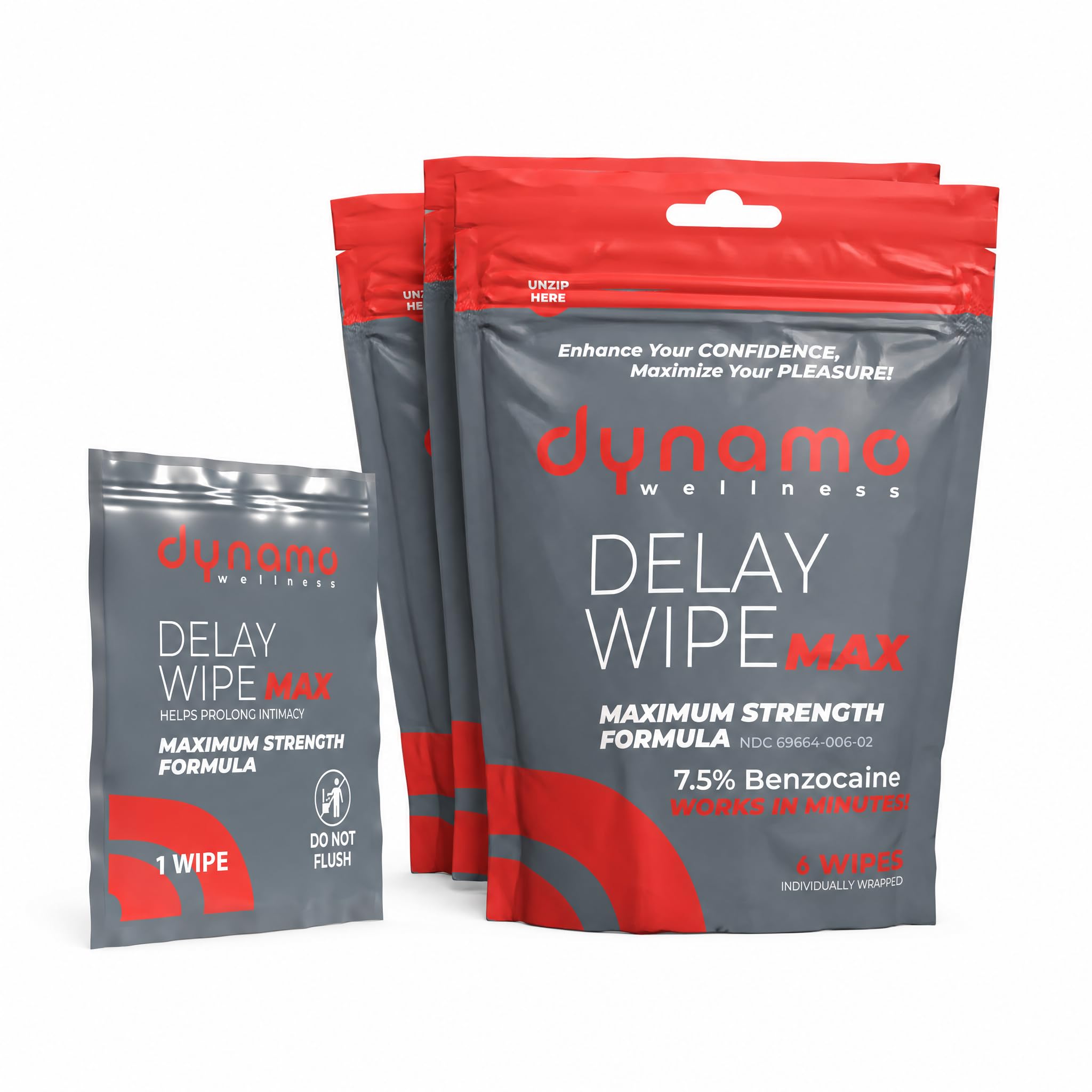Dynamo Delay Wipes for Men, Benzocaine 7.5% Maximum Strength, 6ct