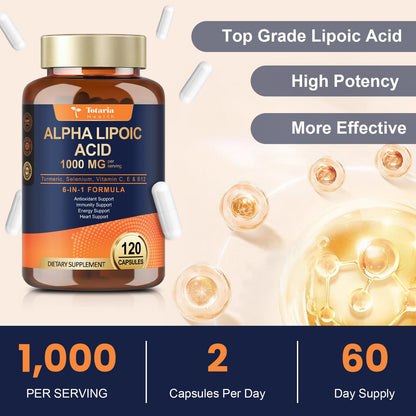 Totaria Alpha Lipoic Acid 1000mg - ALA Supplement Antioxidant for Neuropathy Support Nerve Health, Liver Detox, Antioxidant, Metabolism and Cell Energy, Anti-Aging - Non-GMO, Gluten Free, Vegan Safe