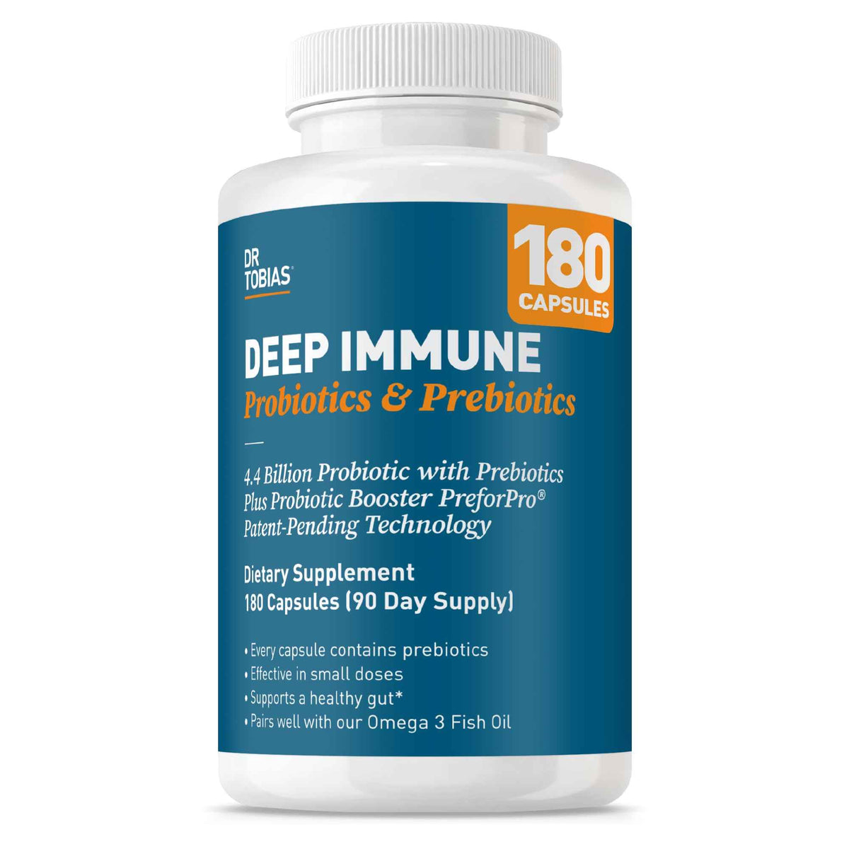 Dr. Tobias Deep Immune Probiotic + Prebiotic 60 Capsules - Gut Health - Dual Action Gut & Immune Support - DE111 Spore Forming Probiotics + PreforPro - Targeted Release - Shelf Stable - 30 Servings