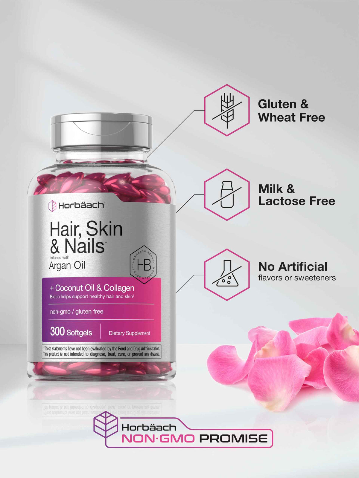 Horbäach Hair Skin and Nails Vitamins - 300 Softgels - with Biotin and Collagen - Infused with Argan Oil and Coconut Oil