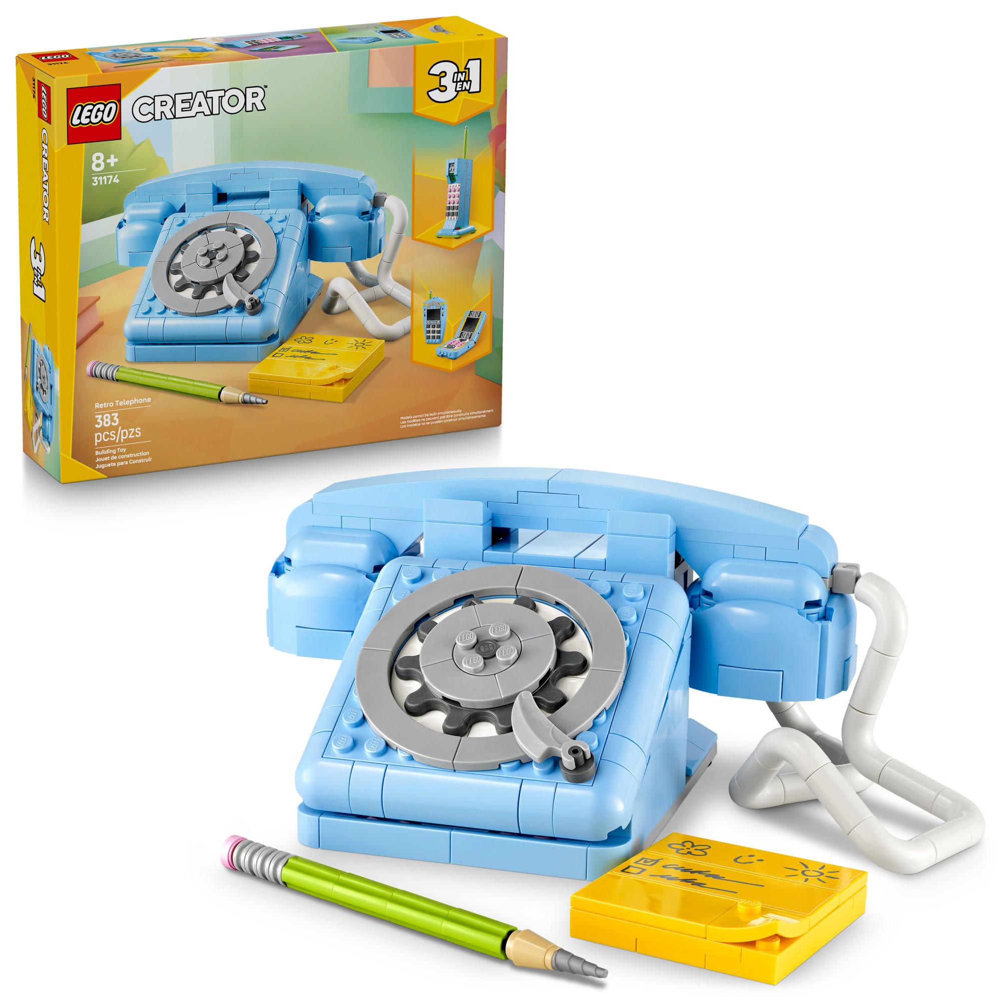 LEGO Creator 3 in 1 Retro Telephone Kids Toy - Home Decor for Bedroom or Kids Room - Building Toy and Learning Playset for Girls & Boys, Ages 8+ - Gift Idea for Birthdays or Special Occasions - 31174