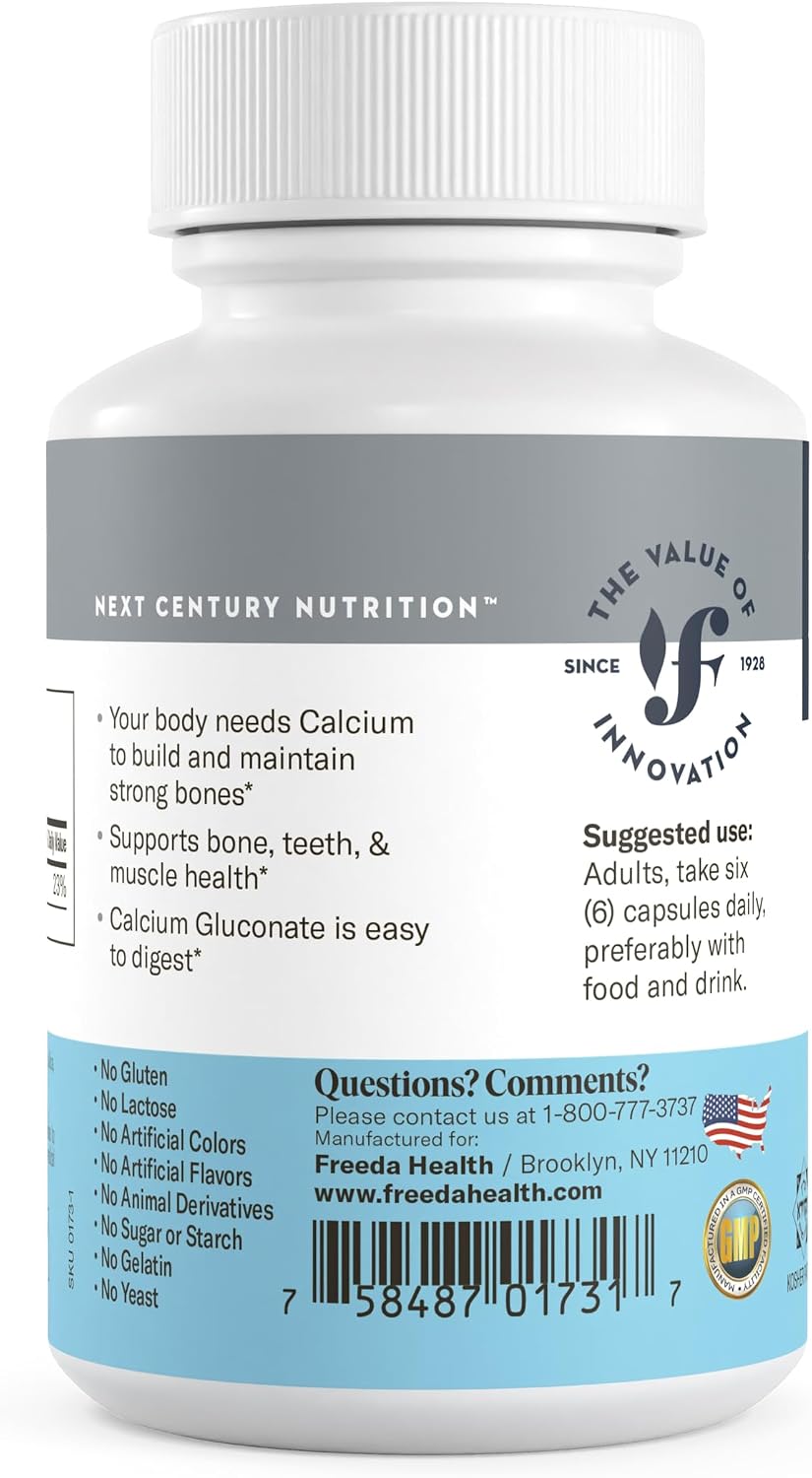 FREEDA Calcium Gluconate Supplement for Bone & Joint Support - 100 Capsules - Supports Teeth & Muscle Health - Pure Calcium w/o Vitamin D - Gentle on Stomach, Easy-to-Digest, Kosher, Vegan, Made in USA