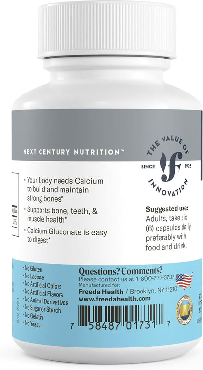 FREEDA Calcium Gluconate Supplement for Bone & Joint Support - 100 Capsules - Supports Teeth & Muscle Health - Pure Calcium w/o Vitamin D - Gentle on Stomach, Easy-to-Digest, Kosher, Vegan, Made in USA