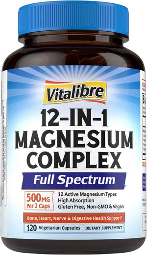 Vitalibre 12 in 1 Magnesium Complex 500mg for Women Men, 120 Vegan Capsules - Max Absorption Chelated Magnesium Glycinate Citrate Malate & More for Bone, Nerve & Digestive Support - Non-GMO