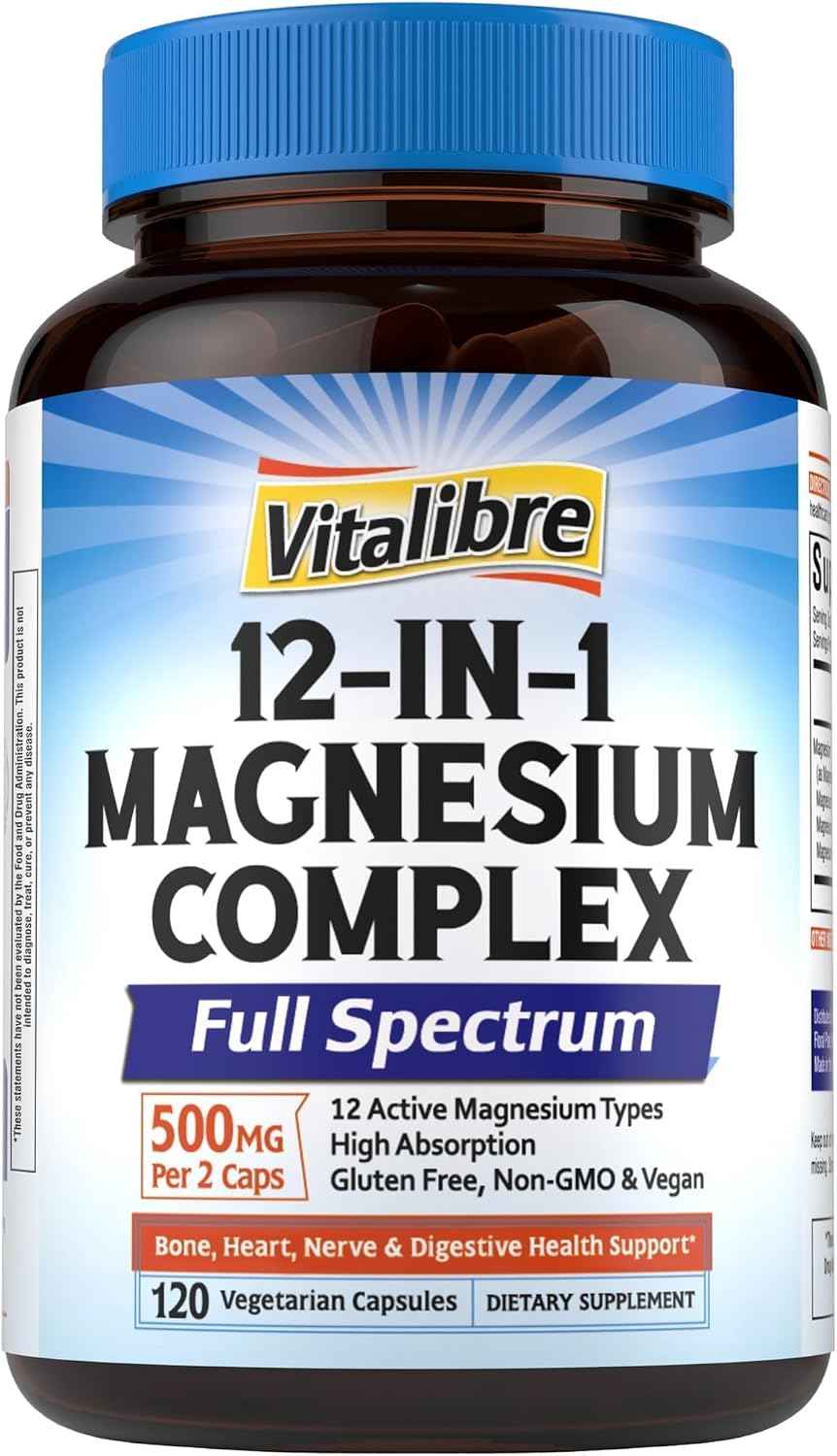 Vitalibre 12 in 1 Magnesium Complex 500mg for Women Men, 120 Vegan Capsules - Max Absorption Chelated Magnesium Glycinate Citrate Malate & More for Bone, Nerve & Digestive Support - Non-GMO