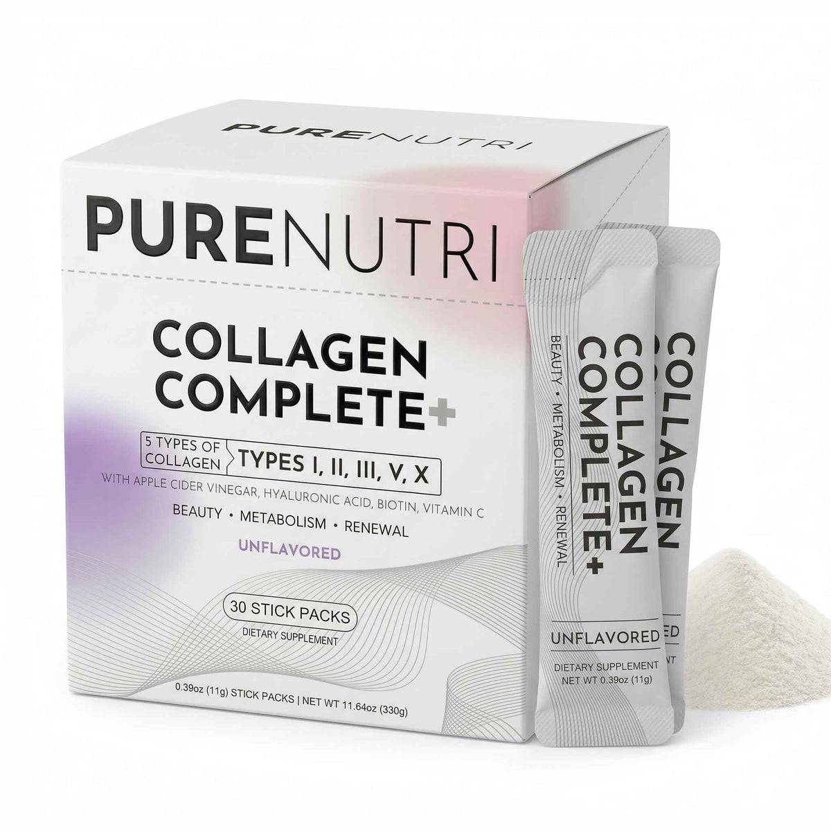 PURENUTRI Multi Collagen Peptides Powder 30 Packets Unflavored - Collagen Complete+ for Women - Beauty & Renewal - with ACV, Hyaluronic Acid