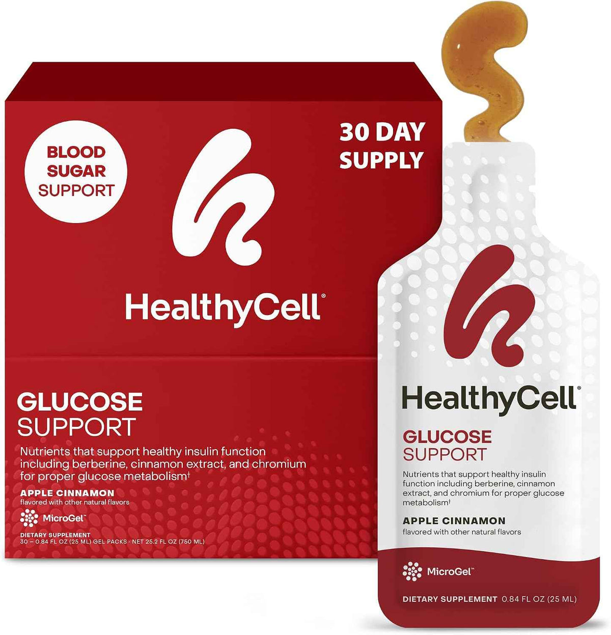 Healthycell Glucose Support Supplement to Support Balanced Blood Sugar - Berberine, Cinnamon & Chromium for Healthy Insulin Function & Proper Glucose Metabolism - 30 Gel Packs, Apple Cinnamon Flavor