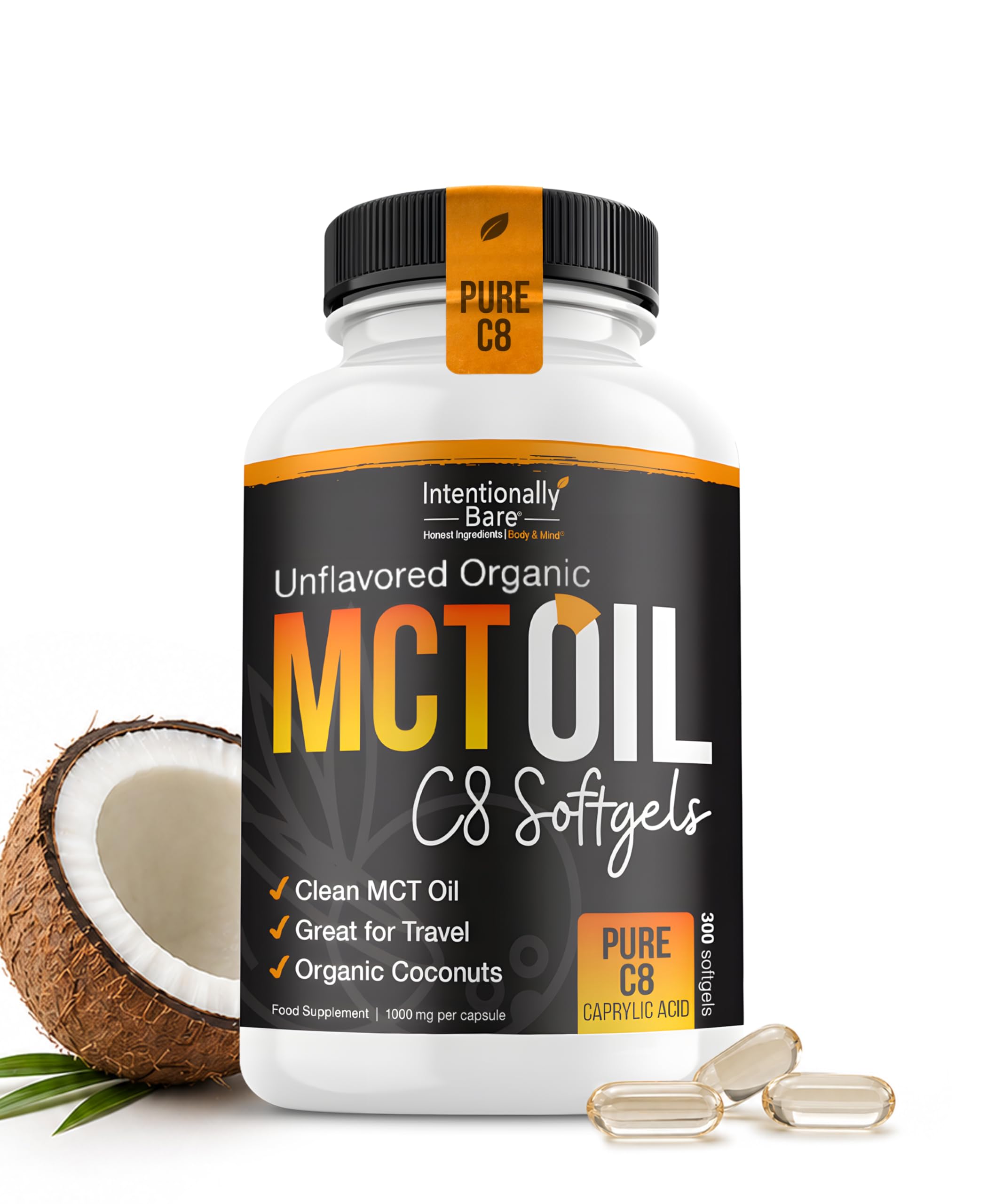 Intentionally Bare Organic MCT Oil Capsules –99.2% Pure C8 Soft gels-300 ct