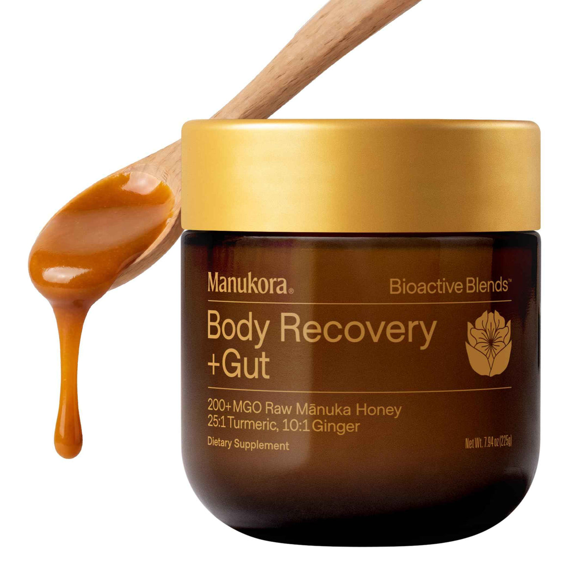 Manukora Body Recovery + Gut Supplement, Turmeric & Ginger with Manuka Honey, Supports Recovery, Gut Health & Digestive Comfort, Improved Absorption, 3rd-Party Tested, Non-GMO, 225g Jar