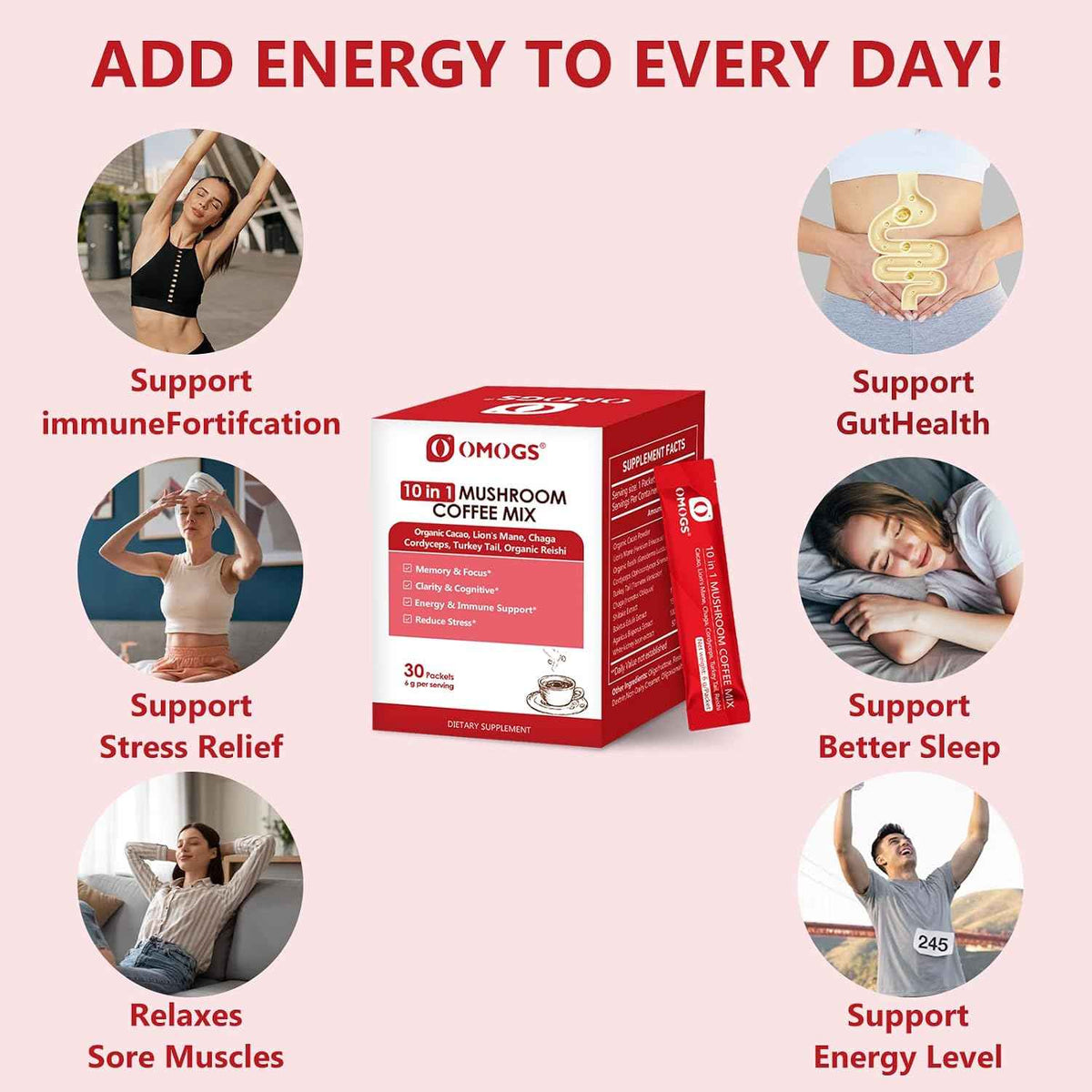 OMOGS Mushroom Coffee, 10 in 1 Extract Powder Blend Lion's Mane, Reishi, Cordyceps, Chaga, Turkey Tail, Instant Coffee-for Energy, Focus, Memory, Digestion & Immunity, 30 Serving