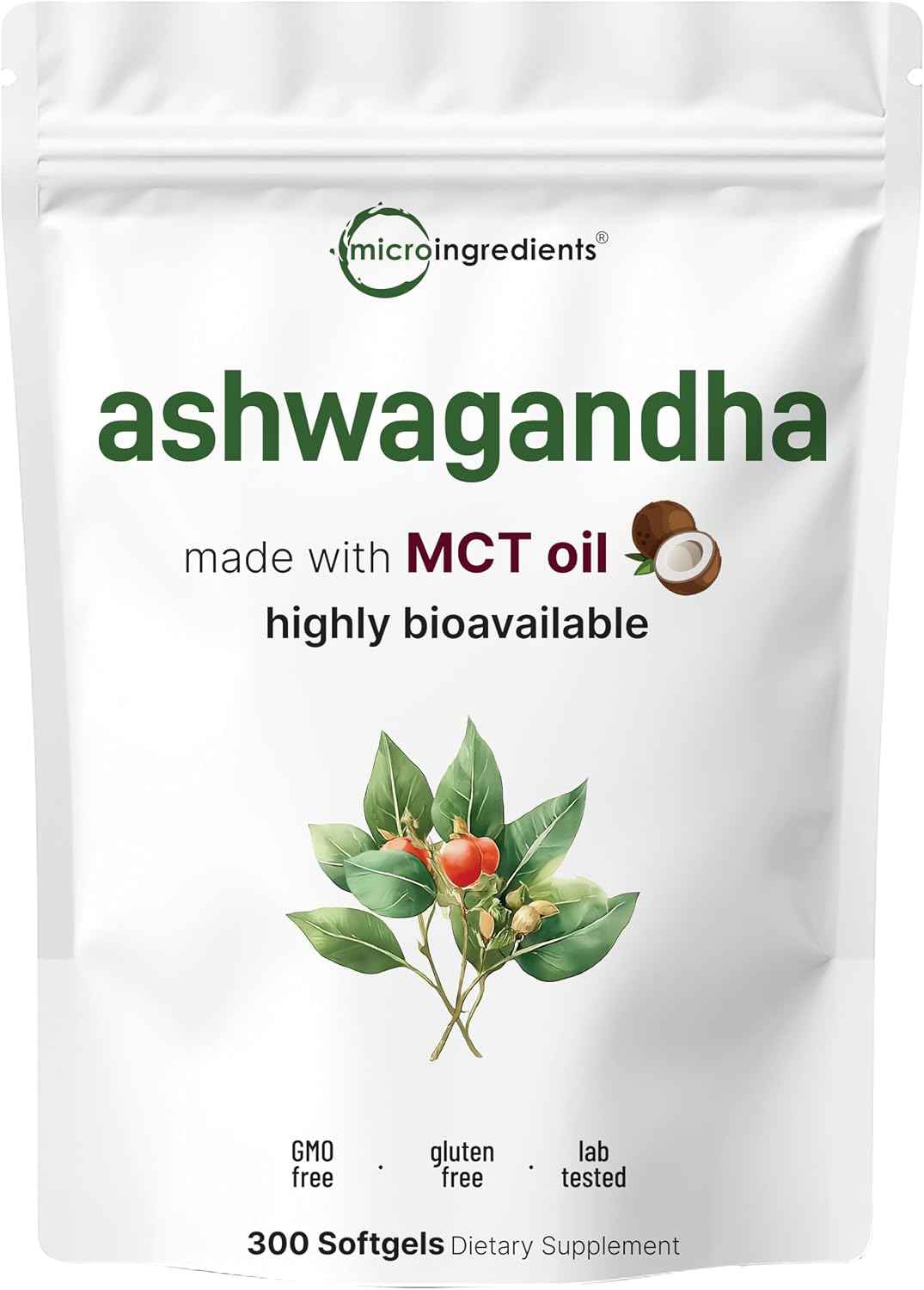 Micro Ingredients Ashwagandha Supplement with Black Pepper - 300 Coconut MCT Oil Softgels - High Potency Root Extract - Better Absorption - Non-GMO