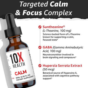 10X Health Calm Drops - 100mg, 2.03 Fl Oz - Gaba Supplements: 100mg L-Theanine, Calm & Stress Support, Natural Flavor, 2.03 Fl Oz
