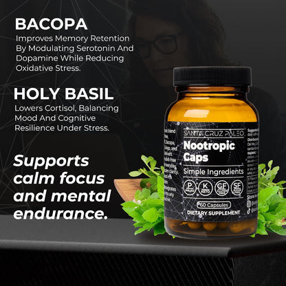Santa Cruz Paleo Nootropic Capsules - Lions Mane, Alpha GPC, Panax Ginseng & Ginkgo Biloba for Focus, Memory, Mental Clarity & Energy - Keto, Paleo, Gluten Free Brain Supplement, 60 Caps