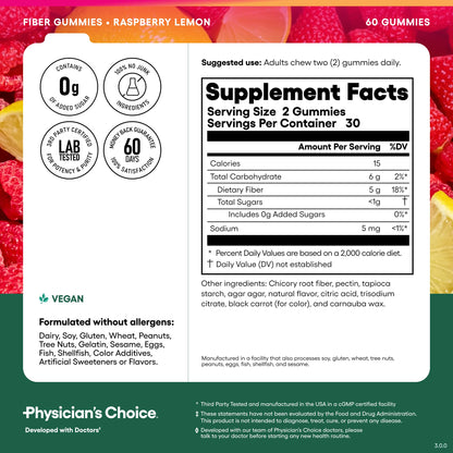 Physician's CHOICE Fiber Gummies for GLP-1 Support - No Sugar Added & Vegan - Raspberry Lemon - Natural Chicory Root Prebiotic Fiber Gummy - Digestive Health & Regularity for Women & Men - 60CT