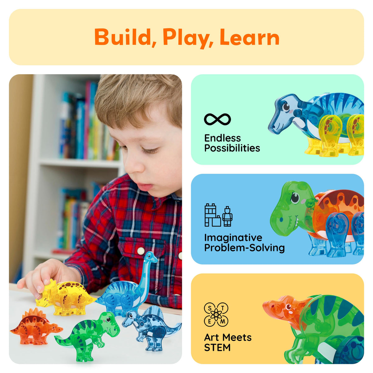 PicassoTiles Dinosaur Magnetic Tiles Accessory Set Mix and Match Dino Figure Parts for STEM Magnet Tile Construction Building Blocks Sets Creative Pretend Play Educational Toy for Kids Ages 3+ PTA28